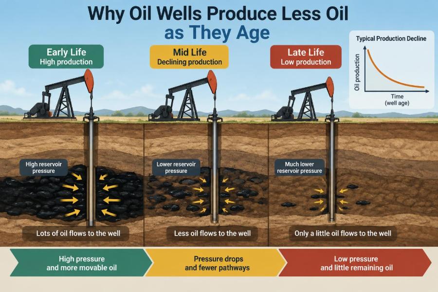 🛢️ Why Oil Wells Produce Less Oil as They Age