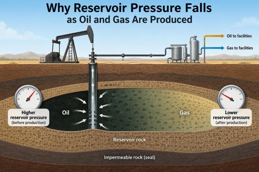 🛢️ Why Reservoir Pressure Falls as Oil and Gas Are Produced