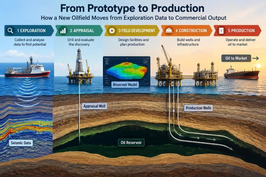 🛢️ From Prototype to Production: How a New Oilfield Moves from Exploration Data to Commercial Output