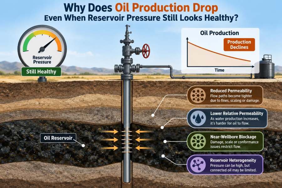 🛢️ Why Does Oil Production Drop Even When Reservoir Pressure Still Looks Healthy?